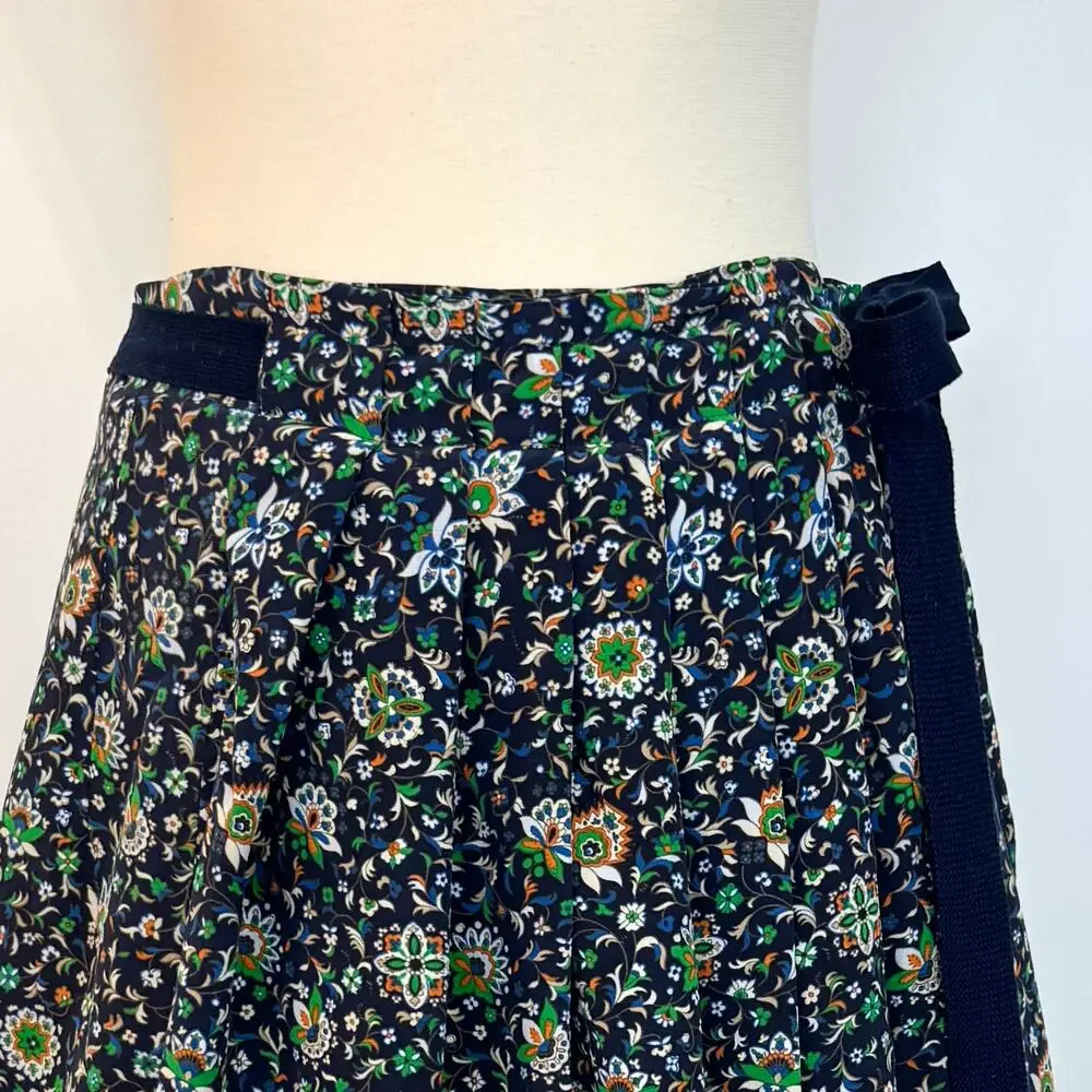 Tory Burch Silk Pleated Wrap Midi Skirt Navy Floral Multicolor Size 6